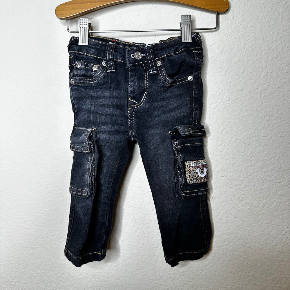 True Religion Baby Girls Dark Wash Cargo Jeans Black Leopard Patch 18M Y2K style